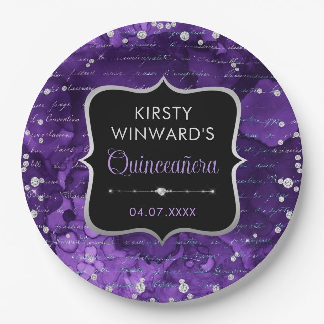 Prato De Papel Letras Glitter Roxas e Iridescentes Quinceanera (Frente)