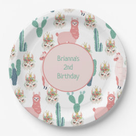 Prato De Papel Lhamas cor-de-rosa e cactus verde personalizados f