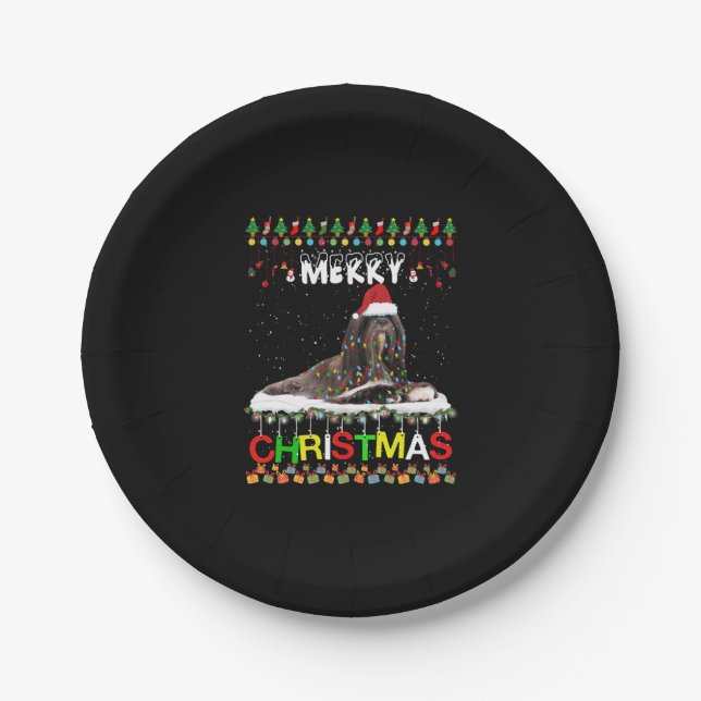 Prato De Papel Lhasa Apso Árvore de Natal Light Pajama Xmas Dog (Frente)