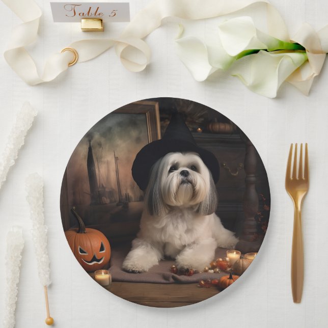 Prato De Papel Lhasa Apso Pumpkins Halloween Scary (Casamento)