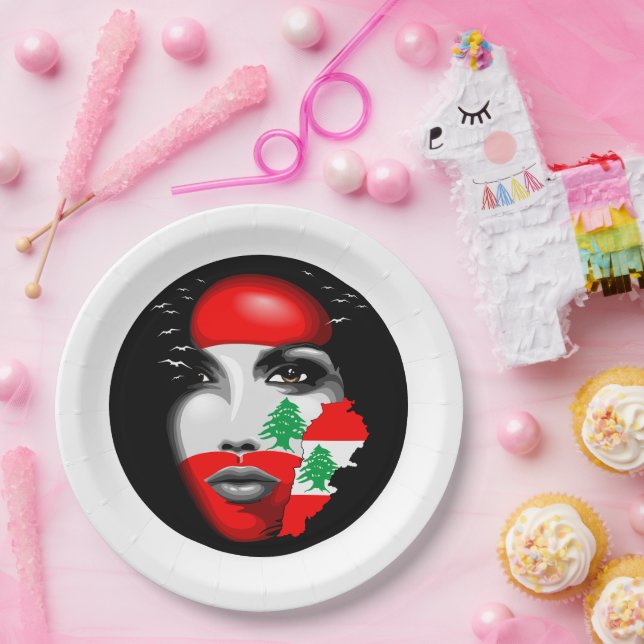 Prato De Papel Líbano Flag e Map no rosto da menina (Festa)