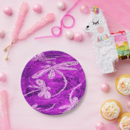 Prato De Papel Libélulas Prateadas em um Céu Magenta Mágico