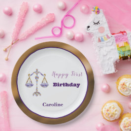 Prato De Papel Libra 1º Aniversário Dourado e Roxo Artístico