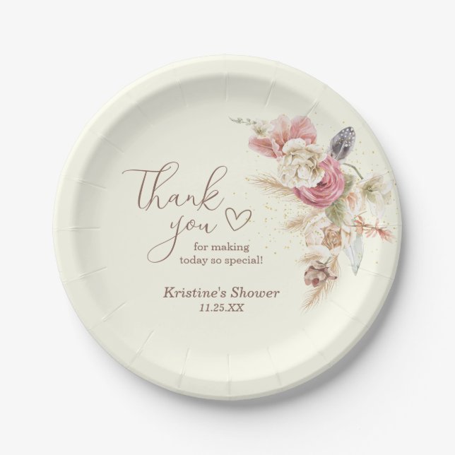 Prato De Papel Light Beige Boho Floral Obrigado Beige Paper Plate (Frente)