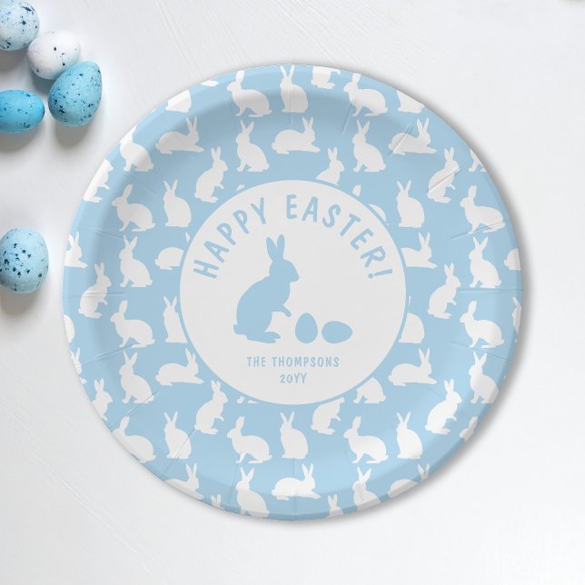 Prato De Papel Light Blue And White Bunny Pattern Happy Easter (Criador carregado)