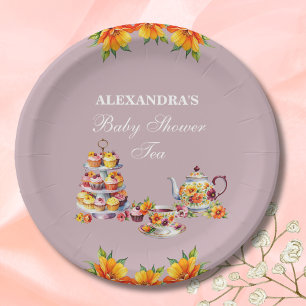 Prato De Papel Lilac Floral Tea Party Chá de fraldas