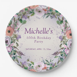 Prato De Papel Lilac Púrpura Água Floral 100º Aniversário, Cor Fl