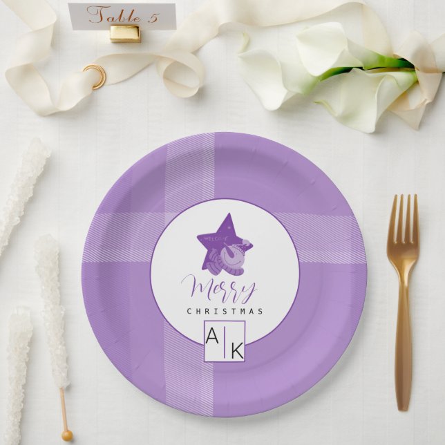 Prato De Papel Lilac Violet Tartan Monograma Elegante (Casamento)