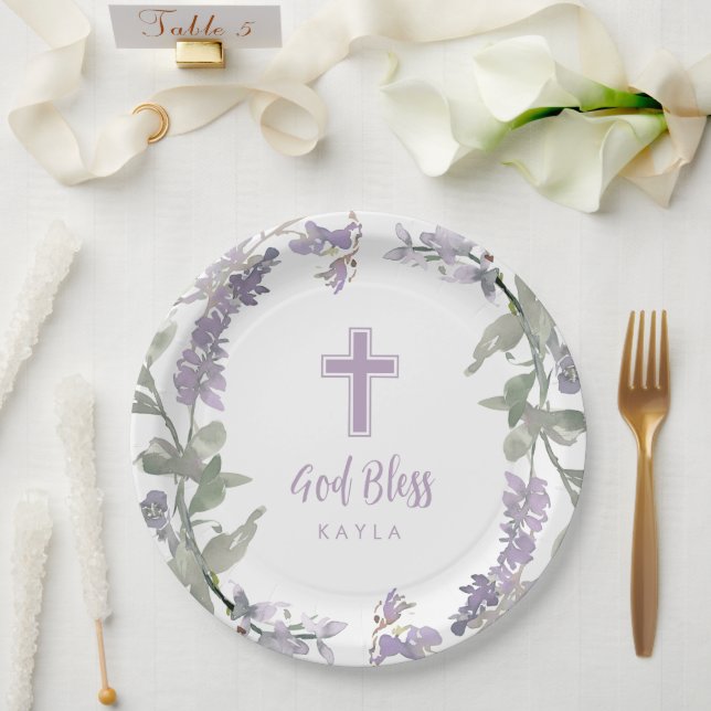 Prato De Papel Lilac Wild Flower Wreath & Cross Baptism Deus aben (Casamento)