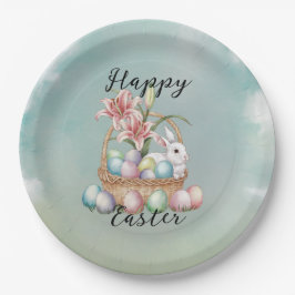 Prato De Papel Lily Watercolor e Ovos de Pastel com Coelhinho no