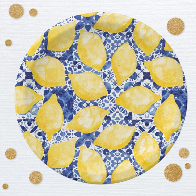 Prato De Papel Limão Citrus Watercolor Azulejo Azul Mediterrâneo (Watercolor lemons on a blue and white Mediterranean tile background patterned party paper plates)