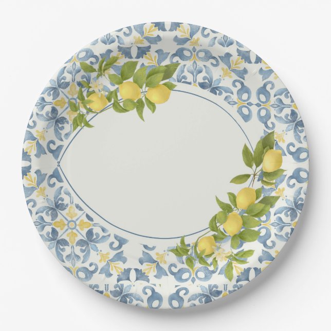 Prato De Papel Limão de Azulejo Azul Italiano (Frente)