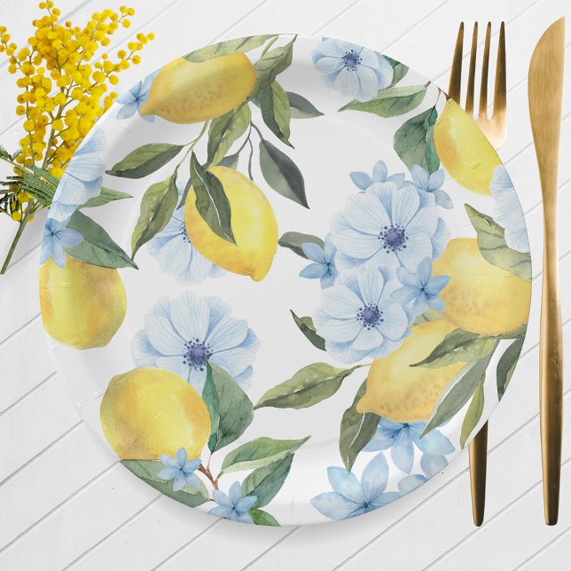 Prato De Papel Limão e Flor em Aquarela Branca (Watercolor Lemon & Blue Flower Paper Plates for Main Squeeze Bridal Shower or Little Lemon Baby)