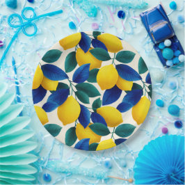 Prato De Papel Limão Vibrante e Folhas Azuis Padrão de Aquarela