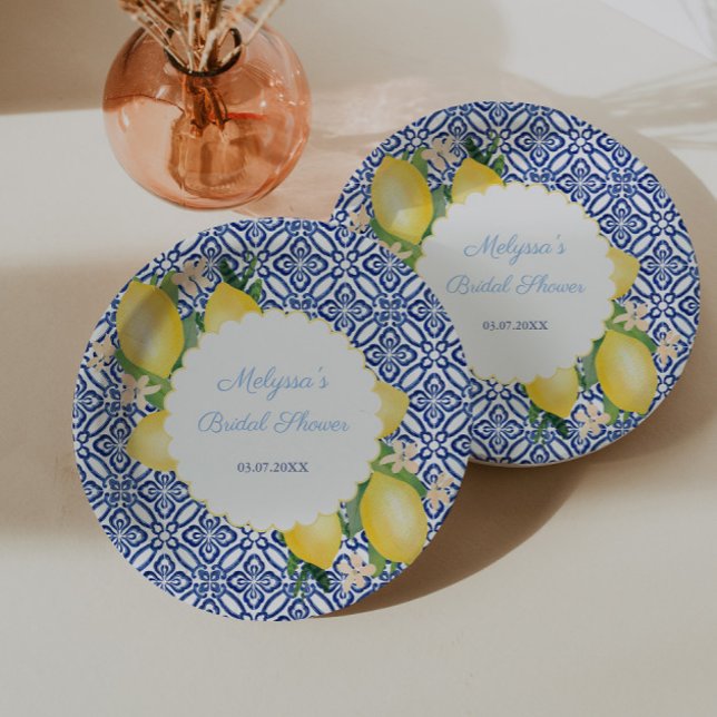 Prato De Papel Limões de Amalfi Azuis Brancos Azulejos Itália Chá (Amalfi Lemon Blue Tile Bridal Shower Party Paper Plates)