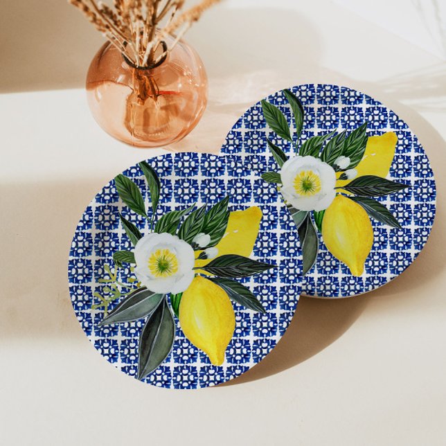 Prato De Papel Limões Mediterrâneos Azulejo Azul (Criador carregado)