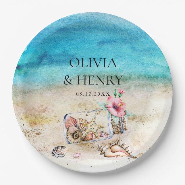 Prato De Papel Linda Aquarela Starfish Casamento Praia (Frente)