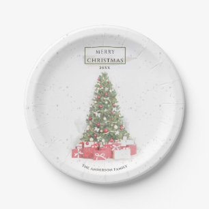 Prato De Papel Linda Árvore de Natal Aquarela Arte de Férias