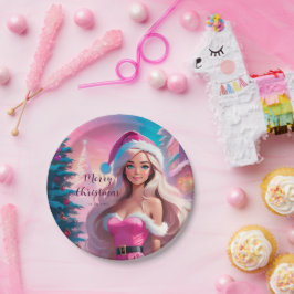 Prato De Papel Linda garota de Natal rosa 01