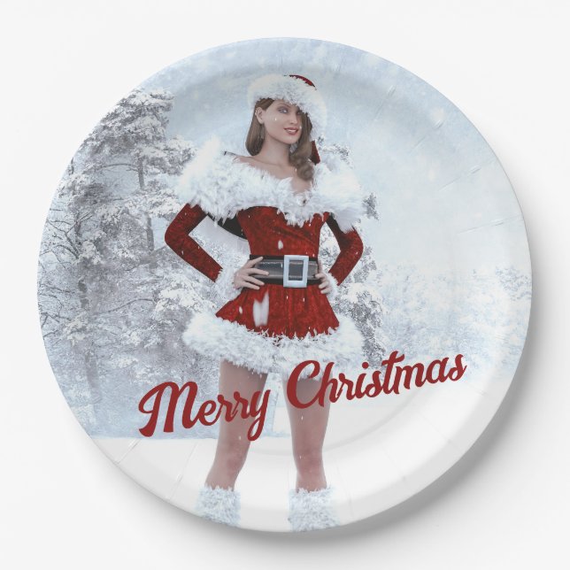 Prato De Papel Linda mulher de Natal sobre a neve do inverno (Frente)