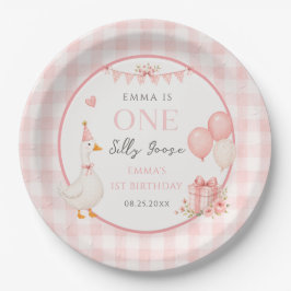 Prato De Papel Linda Um Ganso Bobo Laço Rosa Menina 1º Aniversári