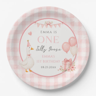 Prato De Papel Linda Um Ganso Bobo Laço Rosa Menina 1º Aniversári
