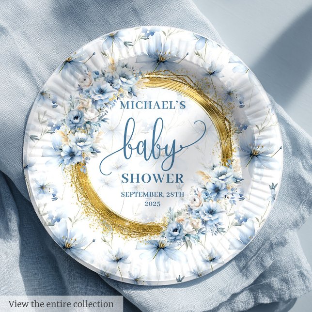 Prato De Papel Lindas flores azuis, poeirentas, douradas, persona (Lovely dusty blue flowers gold boho personalized Paper Plates)