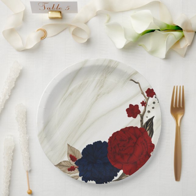 Prato De Papel Lindas flores vermelhas e azuis botânico (Casamento)