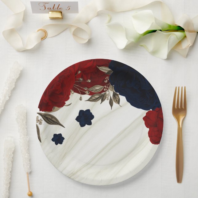 Prato De Papel Lindas flores vermelhas e marinhos botânicas (Casamento)