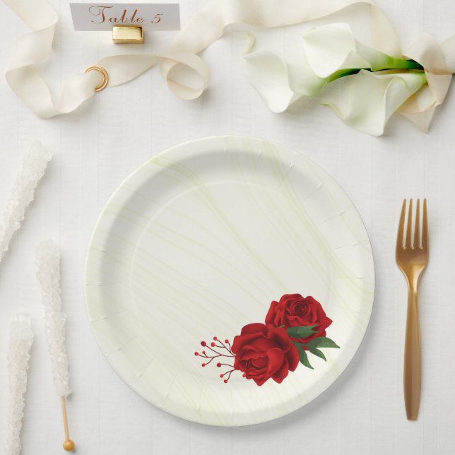 Prato De Papel lindas flores vermelhas folhas verdes (Casamento)