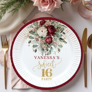 Prato De Papel Lindas placas de Burgundy Blush de Sweet Sixteen