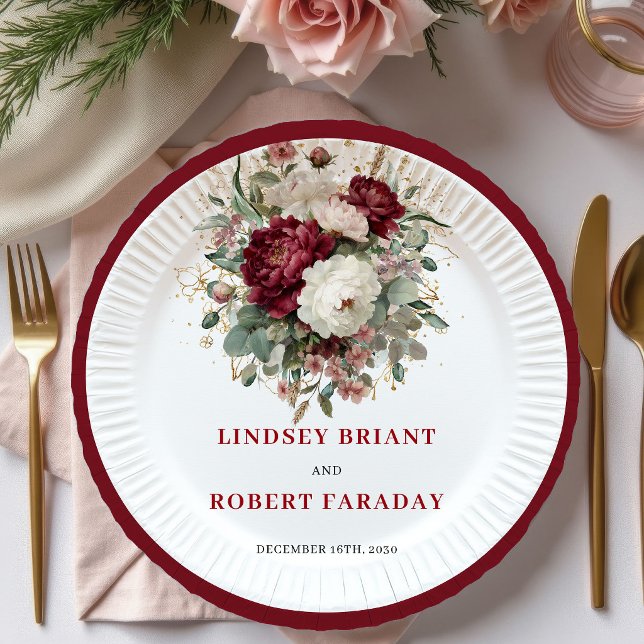 Prato De Papel Lindas placas de casamento florais Boho Borgonha (Beautiful Boho Burgundy Floral Wedding Plates)