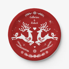 Prato De Papel Lindo Cervo de Natal Escandinavo Vermelho Branco F