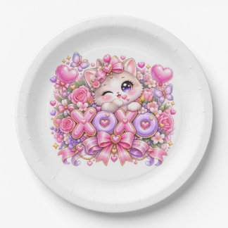 Prato De Papel Lindo Kawaii XOXO Gato Rosa Pastel Romântico Amor