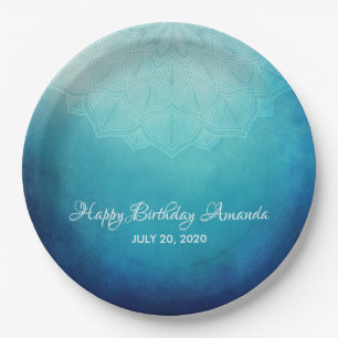 Prato De Papel Lindo Mandala Azul Abstrato de Aniversário
