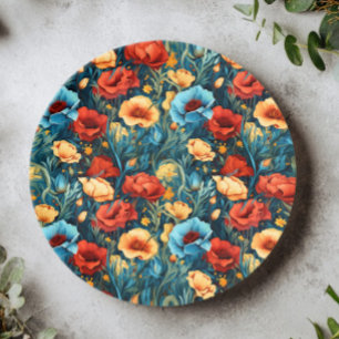 Prato De Papel Lindo Padrão de Flores Amarelas Azuis e Vermelhas
