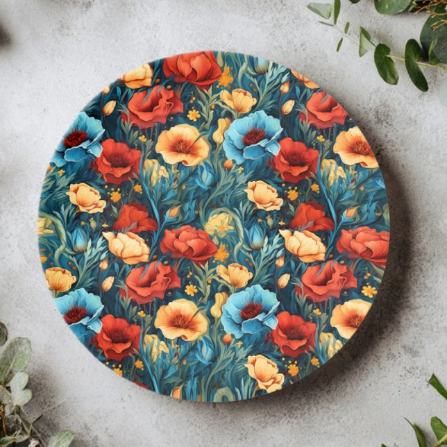 Prato De Papel Lindo Padrão de Flores Amarelas Azuis e Vermelhas (Criador carregado)
