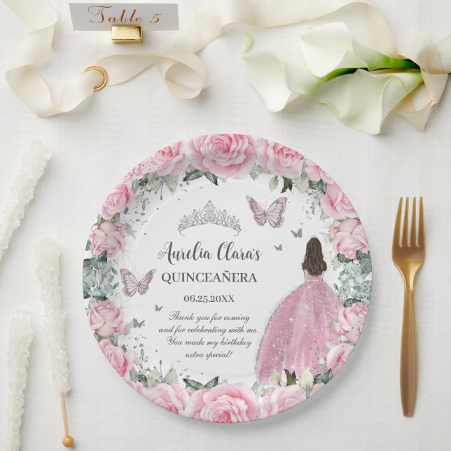 Prato De Papel Lindo Rosa Floral Princesa Prata Quinceañera XV (Casamento)