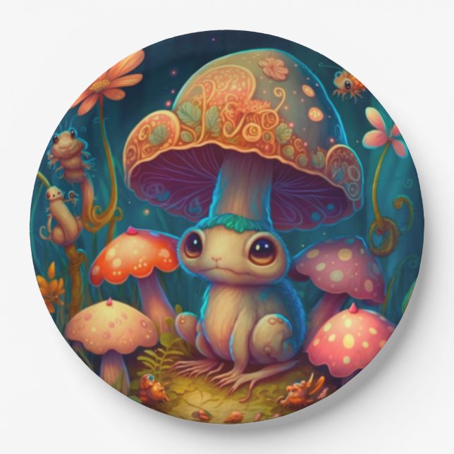 Prato De Papel Lindos elfos brincam sob pílula redonda de cogumel (Frente)