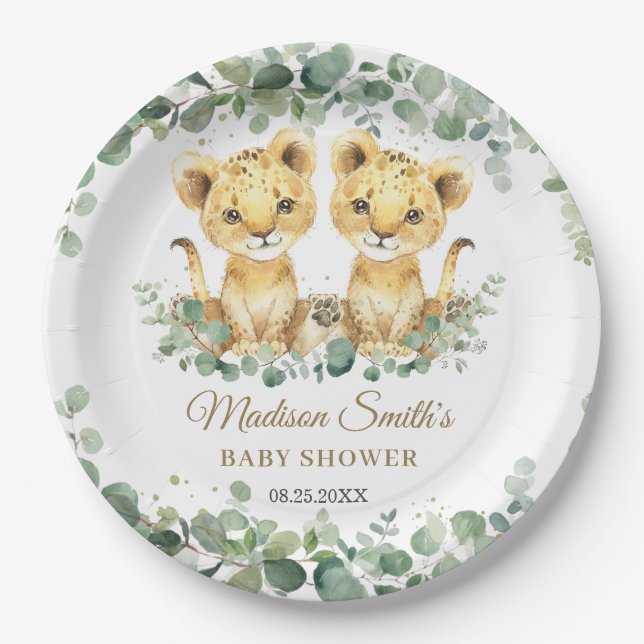 Prato De Papel Lion Cubs Greenery Twin Boys Baby Shower  (Frente)