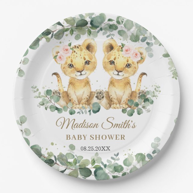 Prato De Papel Lion Cubs Greenery Twin Girls Baby Shower  (Frente)