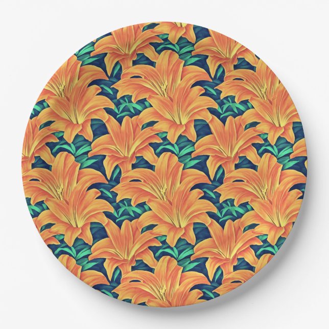 Prato De Papel Lírios do Dia Laranja com Folhas Verdes (Frente)