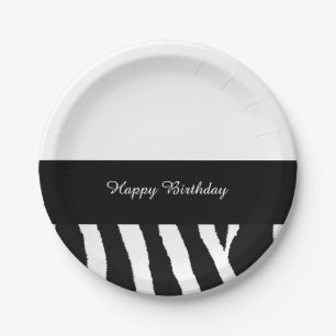 Prato De Papel Listra de Aniversário de Zebra Preto e Branco