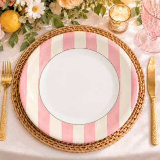 Prato De Papel Listra de Beiral em Aquarela Rosa e Creme
