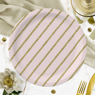 Prato De Papel Listra de Brilho Dourado Rosa Claro