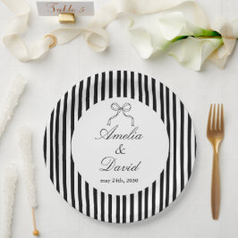 Prato De Papel Listra Minimalista Preta e Branca Chic Bow