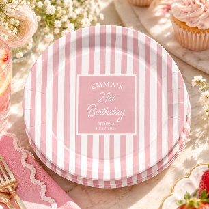 Prato De Papel Listra Rosa Bege 21º Aniversário Chic Costeiro