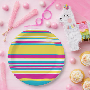 Prato De Papel Listras Complexas - Turquesa, Amarela, Rosa e Bran