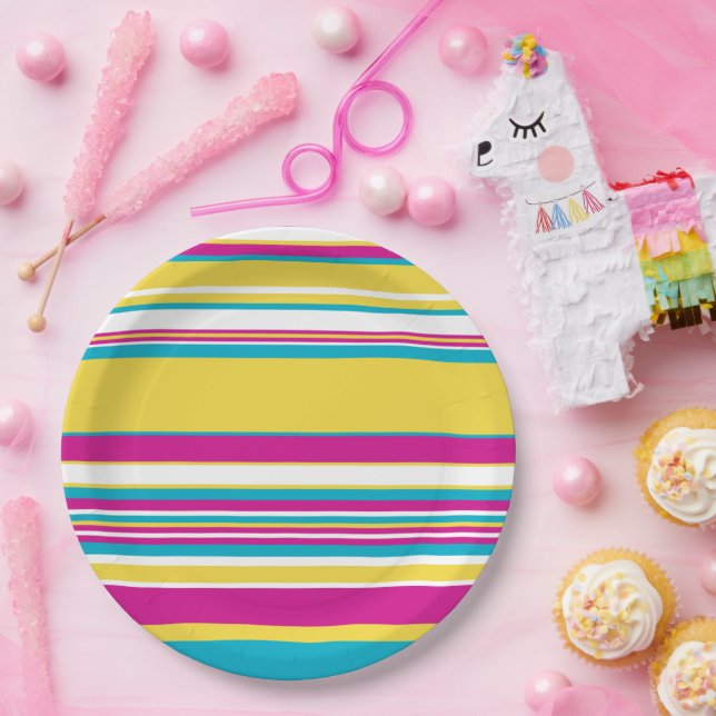 Prato De Papel Listras Complexas - Turquesa, Amarela, Rosa e Bran (Festa)