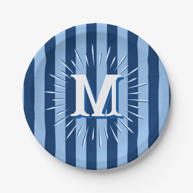Prato De Papel Listras de Cabana em Azul Personalizadas (Frente)
